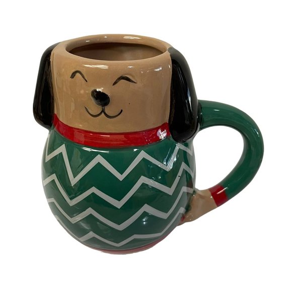 Collectible Christmas Dog Puppy Coffee Mug Green Sweater Red Scarf 5" x 2 1/2" - Picture 1 of 8